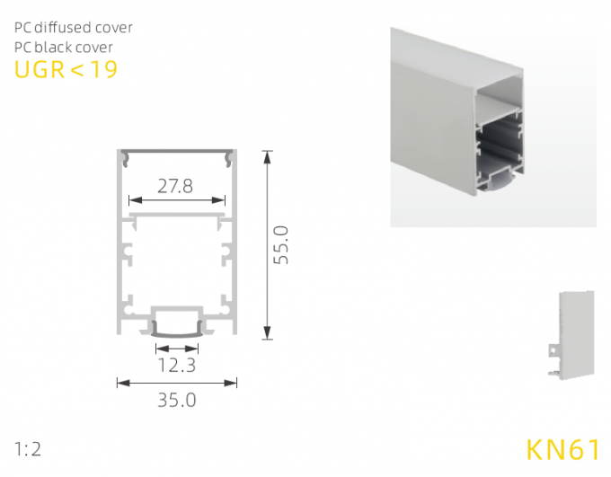 Aluminum LED Profile linear lighting with PC diffuser W35mm H55mm for ...