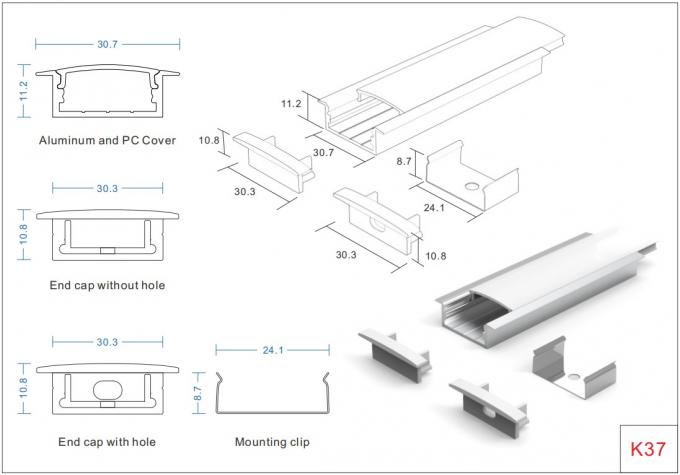 PMMA Diffuser Recessed Aluminum LED Profile 2.5m Length Sandblasting