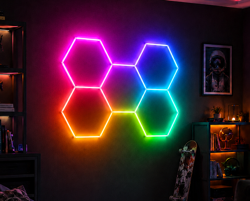 Connectable LED Hexagonal Light RGB Honeycomb Modular Panels for Garage Gym Workshop and Office Ceiling Lighting Applications