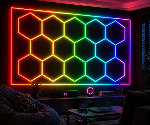 LED Hexagonal Light 14Hexagon RGB Remote Control Honeycomb Ceiling Light 24V IP20 Ideal Lighting for Gym Salon Garage Bar Atmosphere