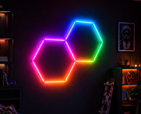 LED Hexagonal Light RGB Modular Honeycomb Ceiling System Offering Flexible Installation Options for Garage Gym Workshop and Office
