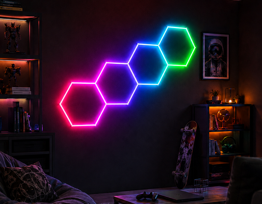 Modular RGB LED Hexagonal Light Honeycomb Panels Perfect for Garage Gym Workshop and Office Ceiling Lighting and Decoration