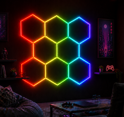Modular LED Hexagonal Light RGB Honeycomb Ceiling Panels for Versatile Lighting in Garage Gym Workshop and Office Spaces