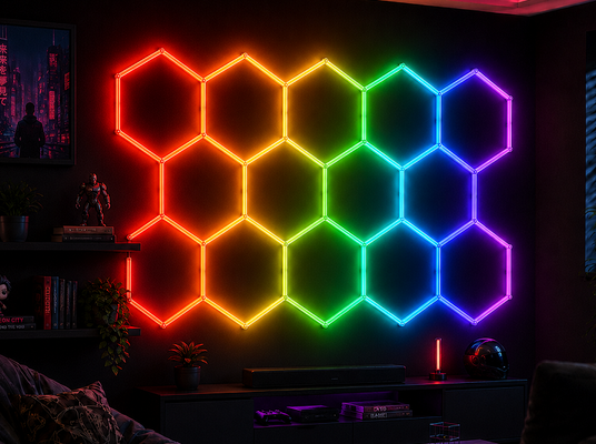 RGB LED Hexagonal Light Modular Honeycomb Ceiling Panel System for Flexible Lighting in Garage Gym Workshop and Office